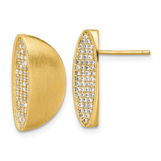 Sterling Silver Gold-tone Polished and Brushed Pave CZ Half Circle Earrings