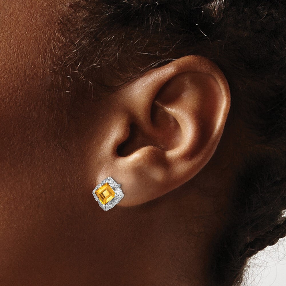 14k White Gold Square Citrine and Diamond Stud Earrings