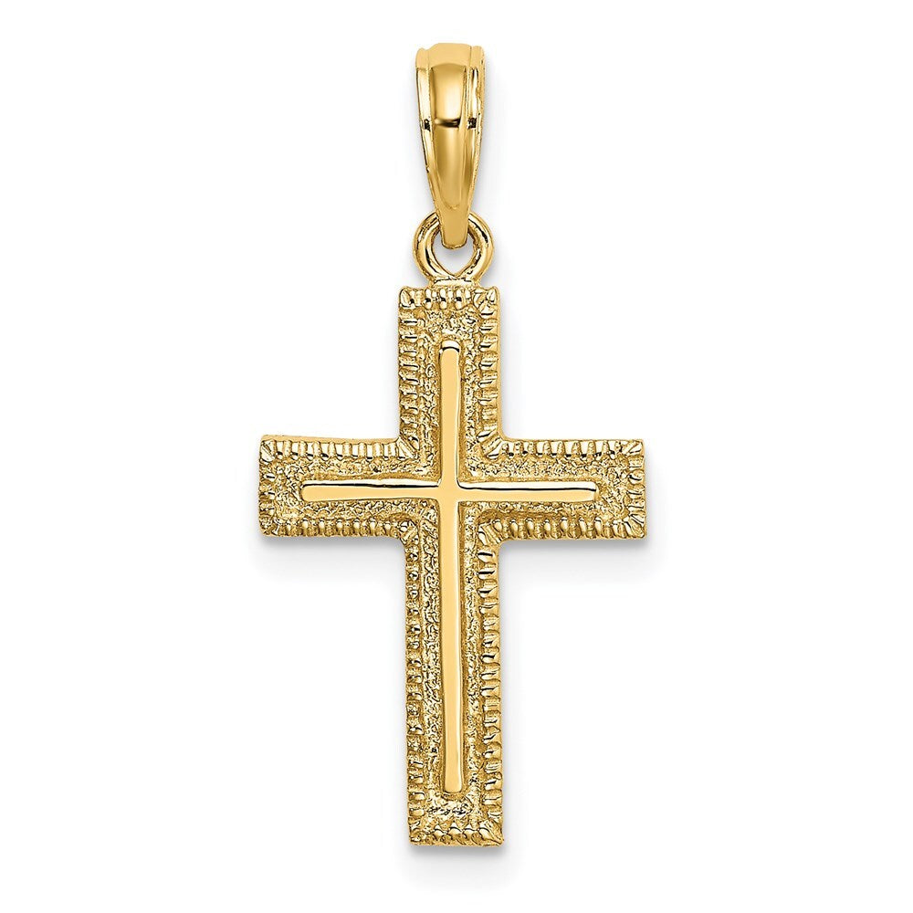 14k Yellow Gold Cross  Textured Border Design Charm Pendant for Women
