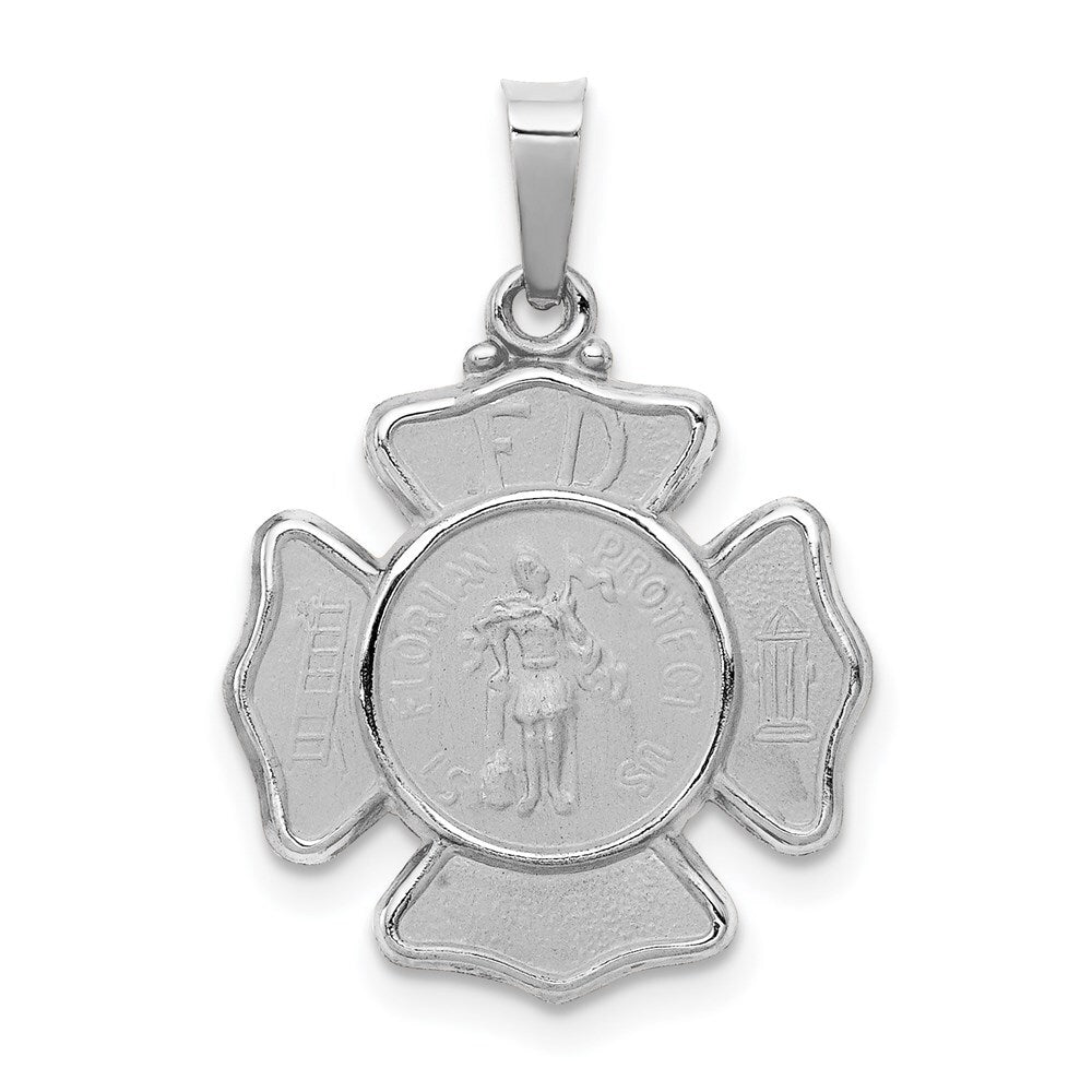 14k White Gold Polished and Satin St Florian Badge Pendant for Women