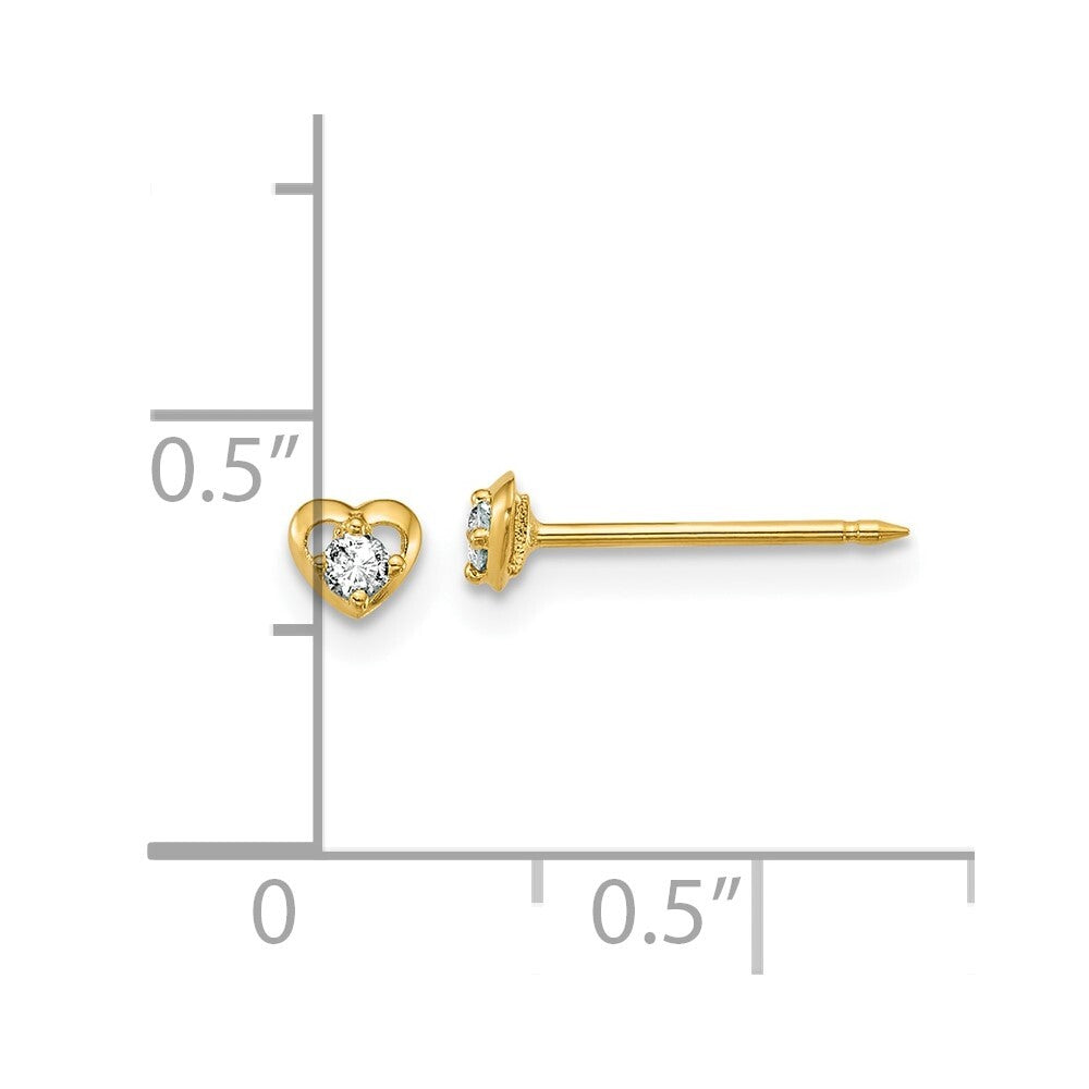 14k Yellow Gold Polished Heart With .03ct Diamond Stud Earrings Gift for Women