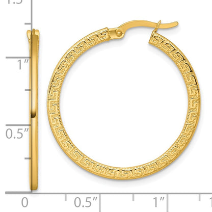 14k Yellow Gold Polished 1.5 x 30mm Textured Greek Key Hoop Earrings