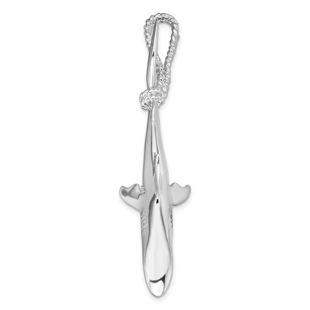 Sterling Silver Rhodium-plated Polished 3D Shark Hanging from Rope Pendant