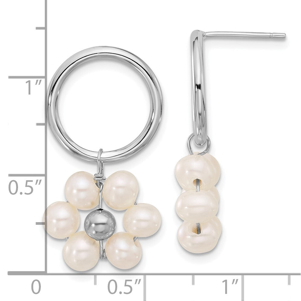 Sterling Silver 4-5mm White Semi-Round Cultured Pearl Flower Dangle Earrings