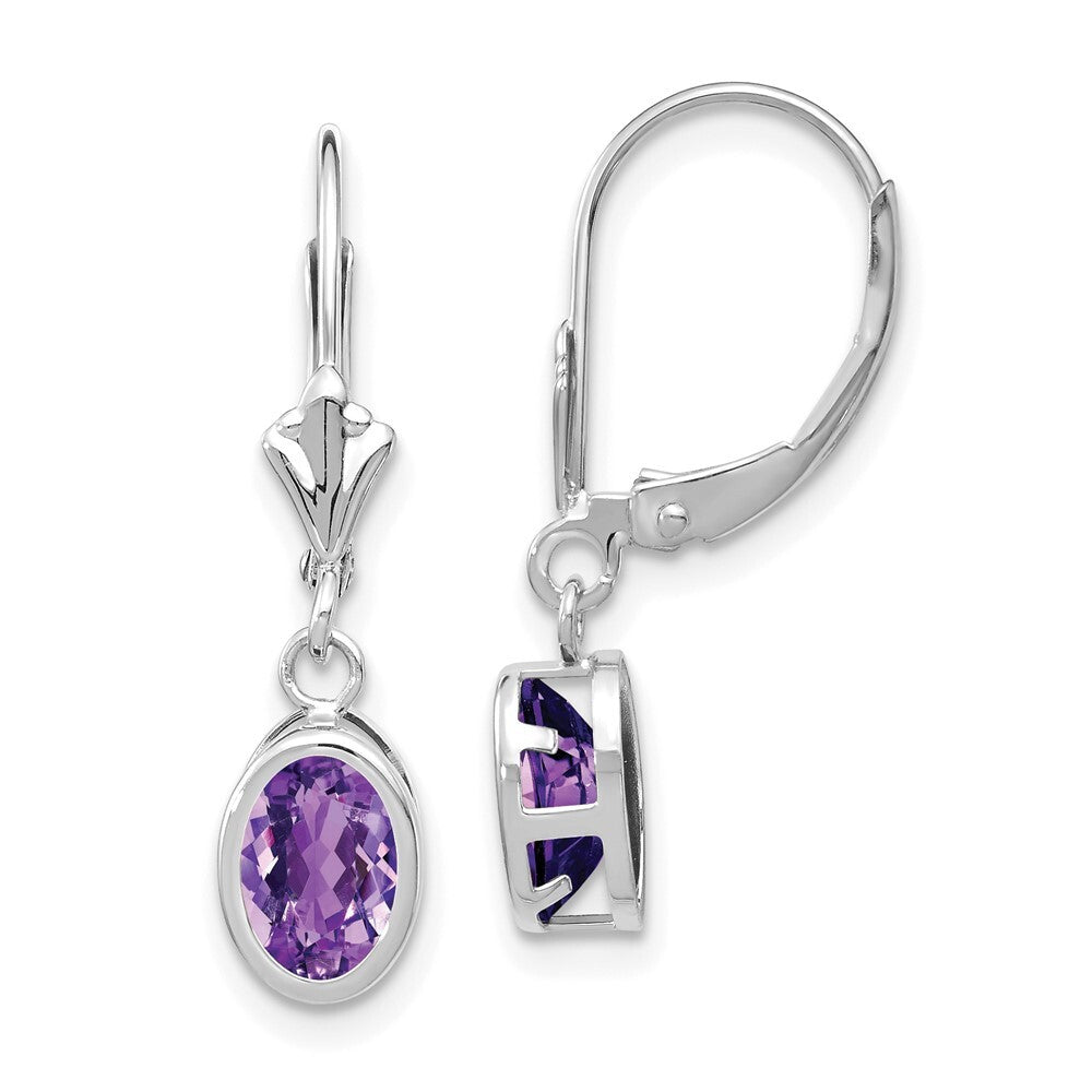 14k White Gold 7x5mm Oval Amethyst Leverback Earrings Gift for Women