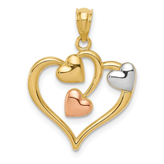 14k Two-tone Gold and White Rhodium Polished Hearts Pendant for Women