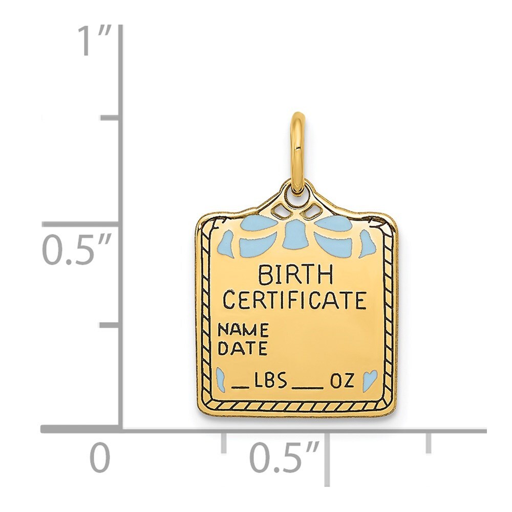 14k Yellow Gold Enameled Blue Engravable Birth Certificate Charm Pendant