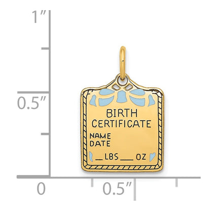 14k Yellow Gold Enameled Blue Engravable Birth Certificate Charm Pendant