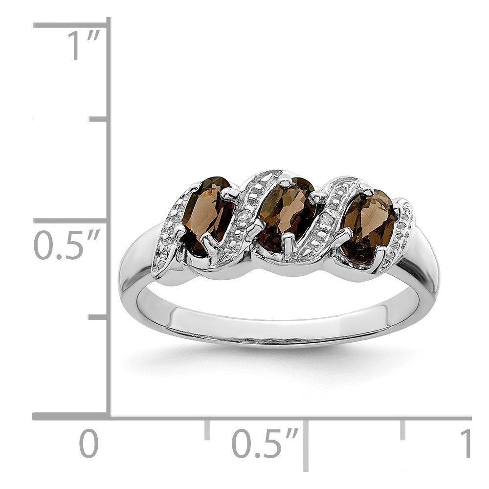 Sterling Silver Rhodium 3 Stone Smoky Quartz & Diamond Ring Size 6