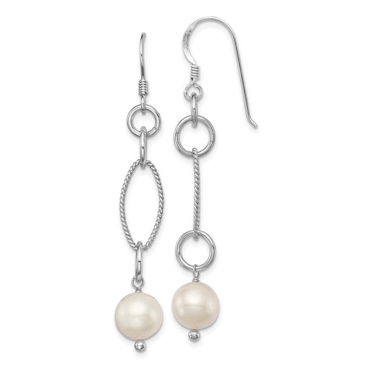 Sterling Silver Polished & Twisted White 8-9mm Cultured Pearl Dangle Earrings