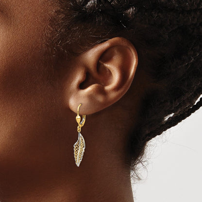 14k Yellow Gold and Rhodium Polished and Textured Leaf Drop Dangle Earrings