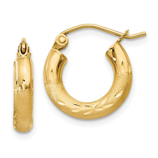 14k Yellow Gold Satin and Diamond-cut 3mm Round Hoop Earrings Gift for Women