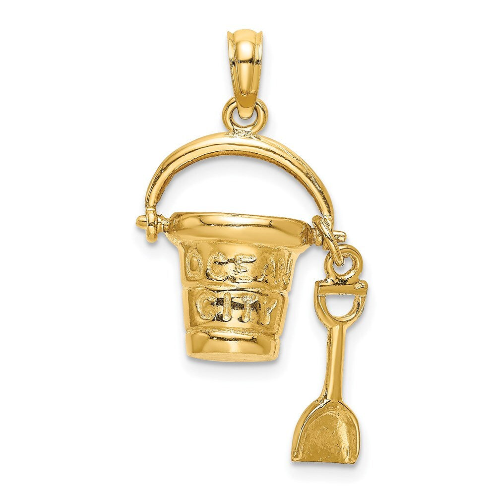 14k Yellow Gold 3D OCEAN CITY Bucket Shovel Charm Pendant for Women