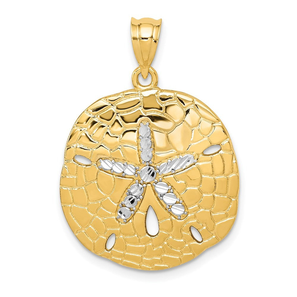 14k Yellow Gold with White Rhodium Polished Diamond-Cut Sand Dollar Pendant
