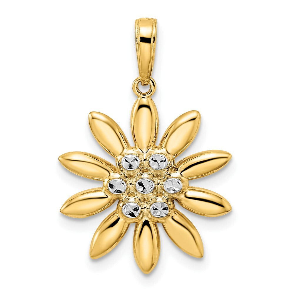 14k Yellow Gold and White Rhodium Diamond-cut Flower Pendant
