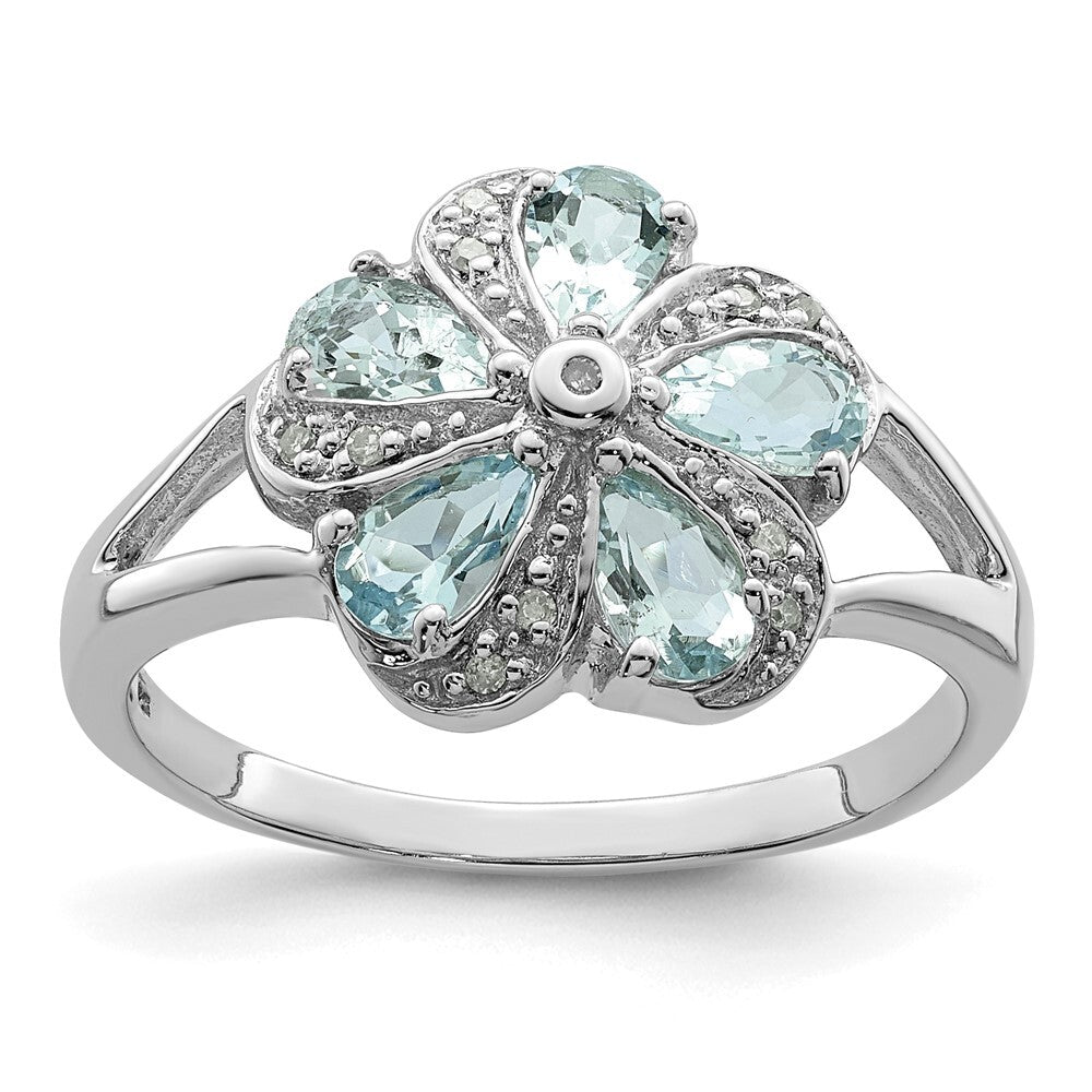 Sterling Silver Rhodium Aquamarine Diamond Ring Size 6