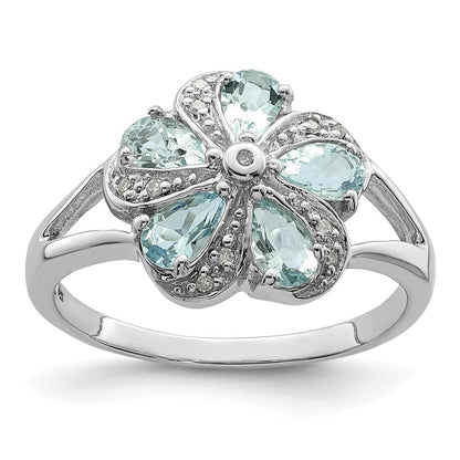 Sterling Silver Rhodium Aquamarine Diamond Ring Size 6