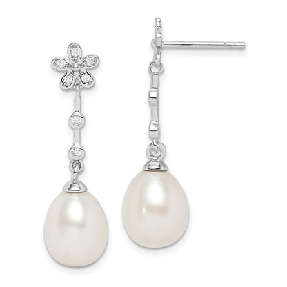 Sterling Silver 9mm Rice Cultured Pearl & Cubic Zirconia Flower Dangle Earrings