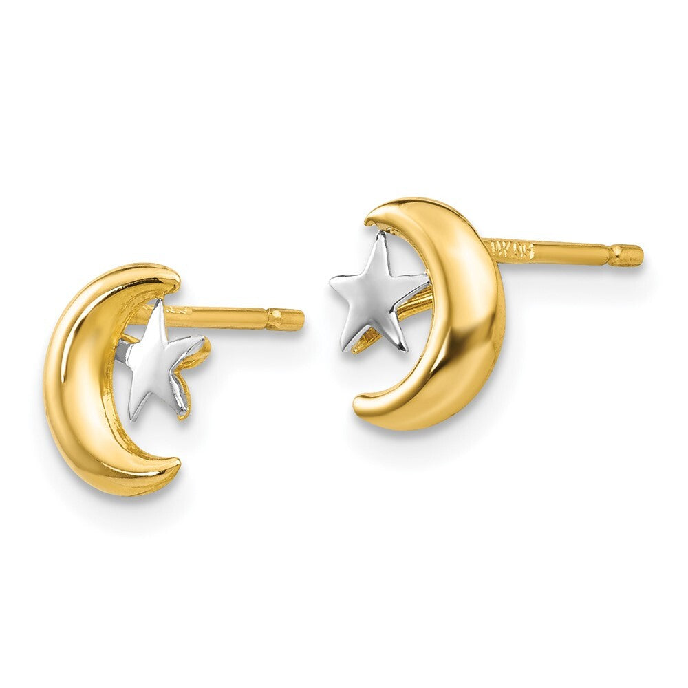 14k Yellow Gold Polished & Rhodium Moon & Star Stud Earrings Gift for Women