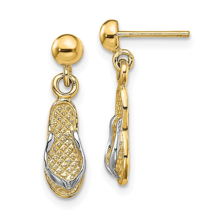 14k Yellow Gold and Rhodium Flip Flop Dangle Earrings Gift for Women