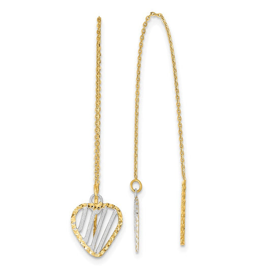 14k Yellow Gold & Rhodium Polished Satin and Diamond-Cut Heart Threader Earrings