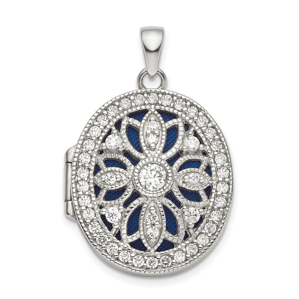 Sterling Silver Rhodium-plated Fancy Cubic Zirconia Oval Locket