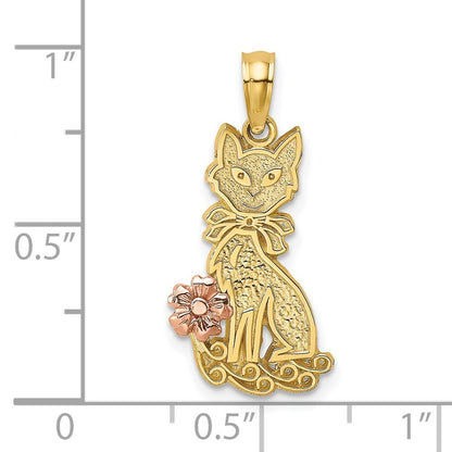 14k Two-tone Gold Sitting Cat  Bow and Flower Charm Pendant for Women