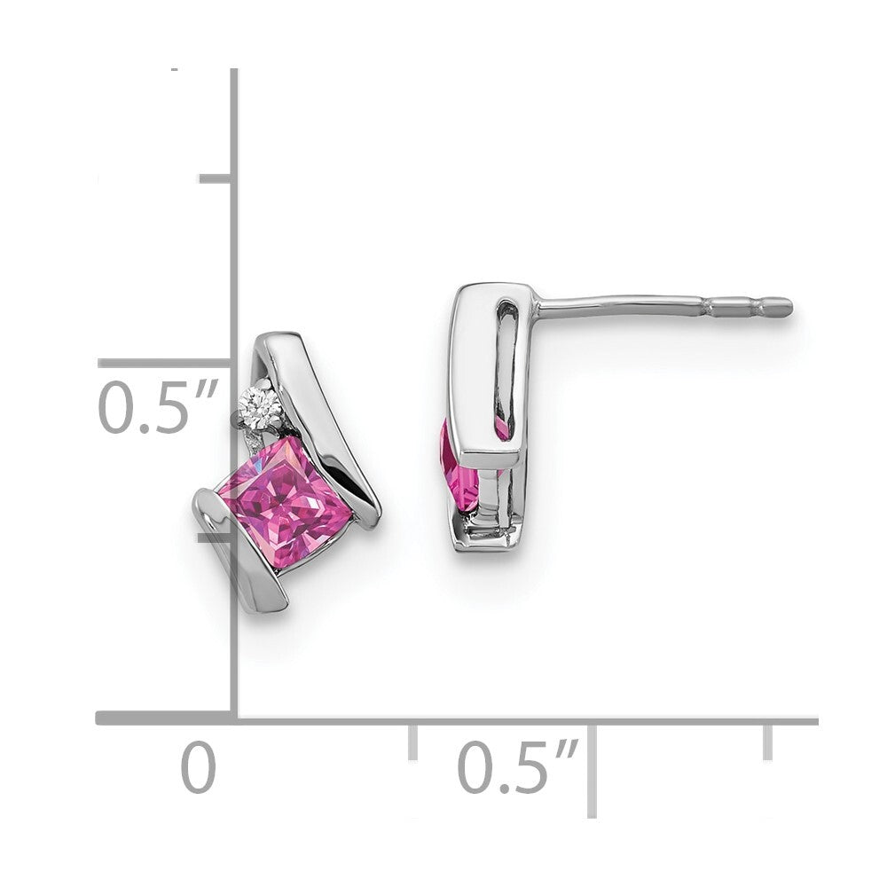 14K White Gold Cushion Cr. Pink Sapphire and Diamond Stud Earrings