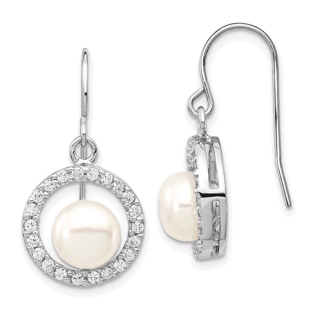 Sterling Silver 7-8mm Cultured Pearl and Cubic Zirconia Dangle Earrings