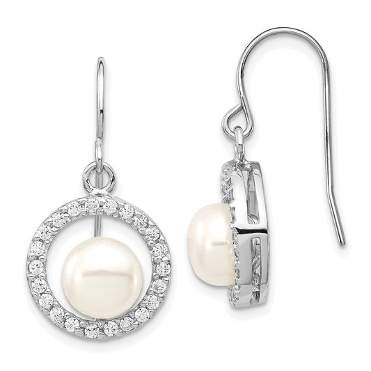 Sterling Silver 7-8mm Cultured Pearl and Cubic Zirconia Dangle Earrings