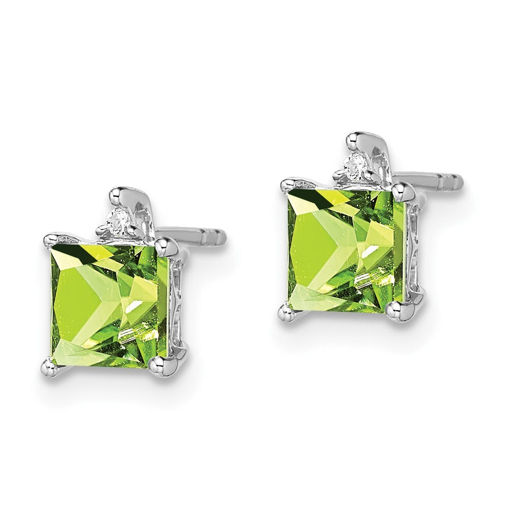 14k White Gold Princess Peridot and Diamond Stud Earrings