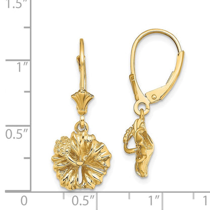 14k Yellow Gold 2-D Textured Hibiscus Flower Drop Dangle Earrings