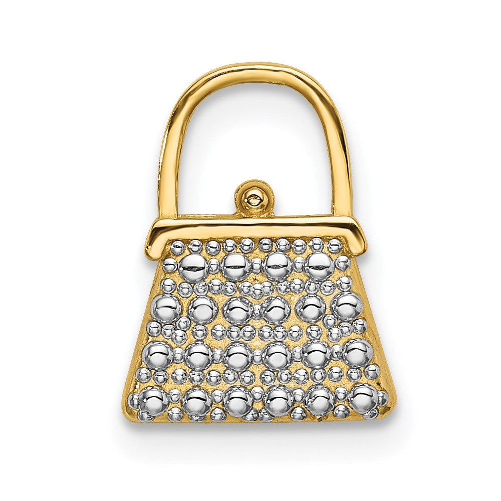 14k Yellow Gold W/ Rhodium Textured and Polished Purse Charm