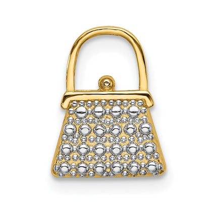 14k Yellow Gold W/ Rhodium Textured and Polished Purse Charm
