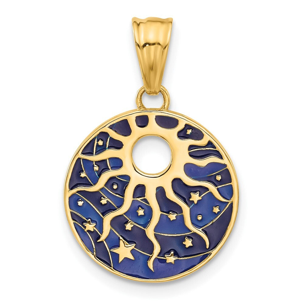 14k Yellow Gold Polished Enameled Sun and Stars Pendant for Women