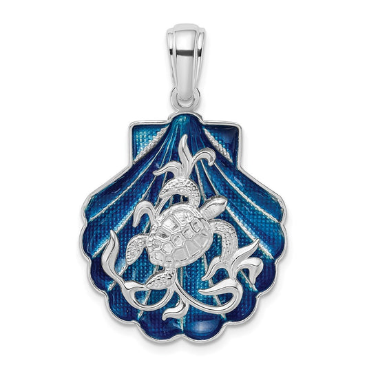 Sterling Silver Rhodium-Plated Enameled Blue Shell with Turtle Pendant