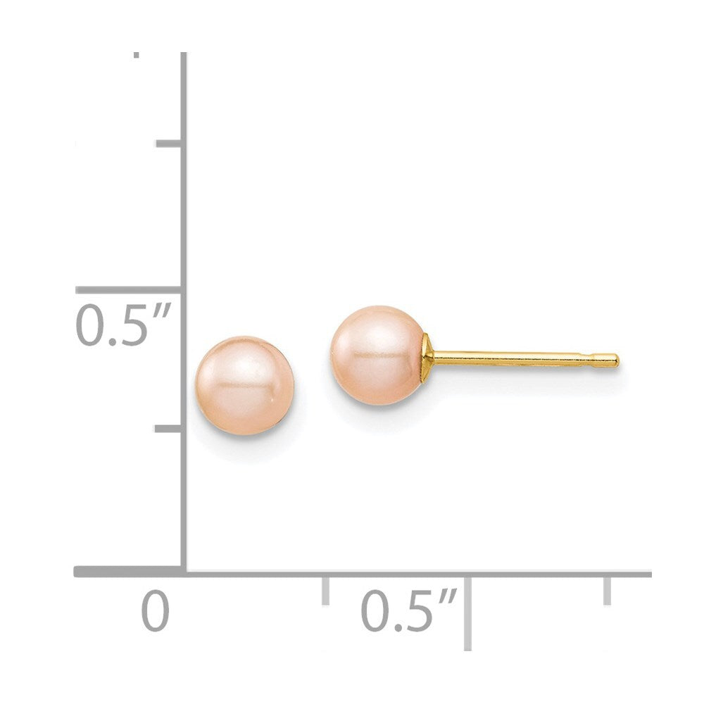 14k Yellow Gold 4-5mm Pink Round Freshwater Cultured Pearl Stud Earrings