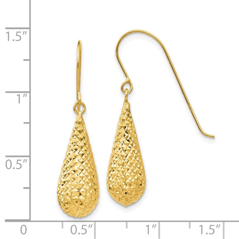 14k Yellow Gold Diamond Cut Puff Tear Drop Dangle Earrings