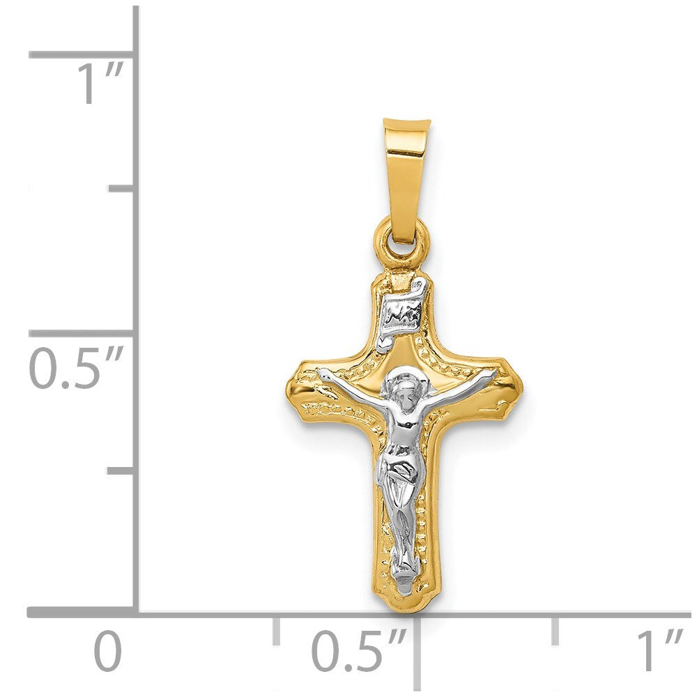 14k Two-tone Gold Polished and Textured INRI Crucifix Pendant for Women