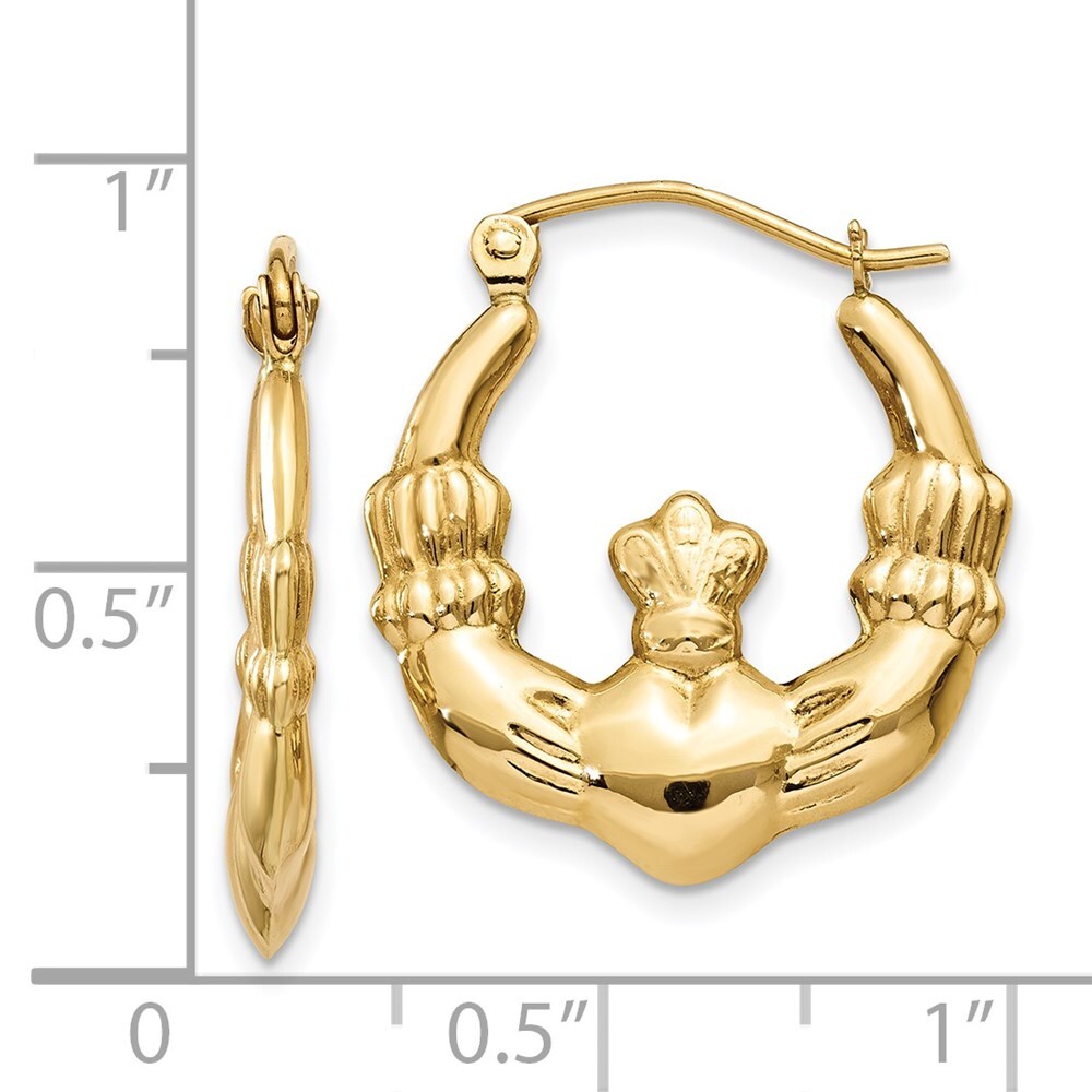 14k Yellow Gold Polished Claddagh Hoop Earrings Gift for Women