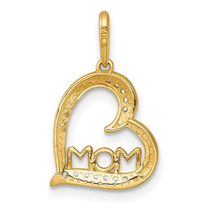 14k Yellow Gold and Rhodium Polished White CZ Sideways Open Heart MOM Pendant