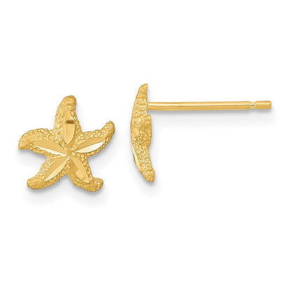 14k Yellow Gold Satin Diamond-cut Starfish Stud Earrings Gift for Women
