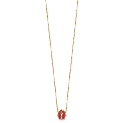 14k Yellow Gold  Red and Black Enameled Ladybug 17" Necklace Plus 1" Extender