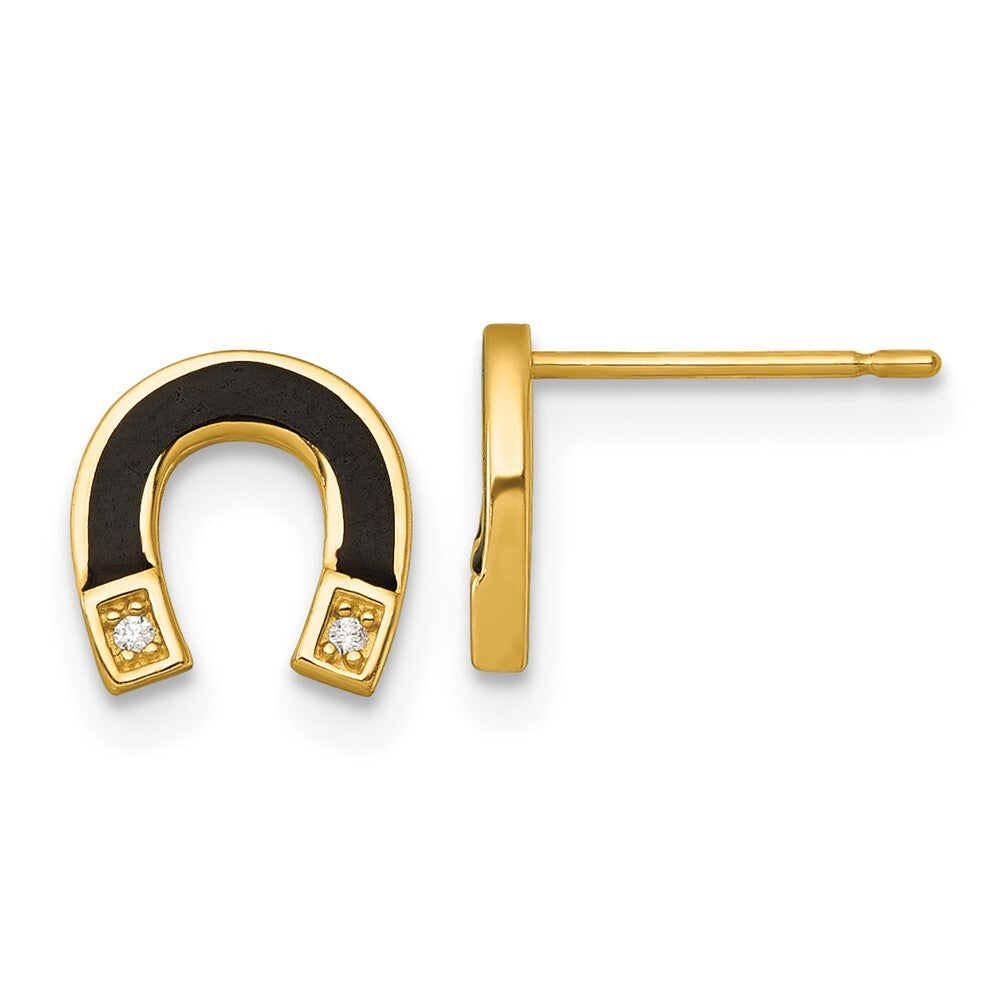 14k Yellow Gold Polished Black Enamel and Cubic Zirconia Horseshoe Stud Earrings