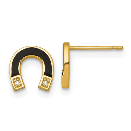 14k Yellow Gold Polished Black Enamel and Cubic Zirconia Horseshoe Stud Earrings