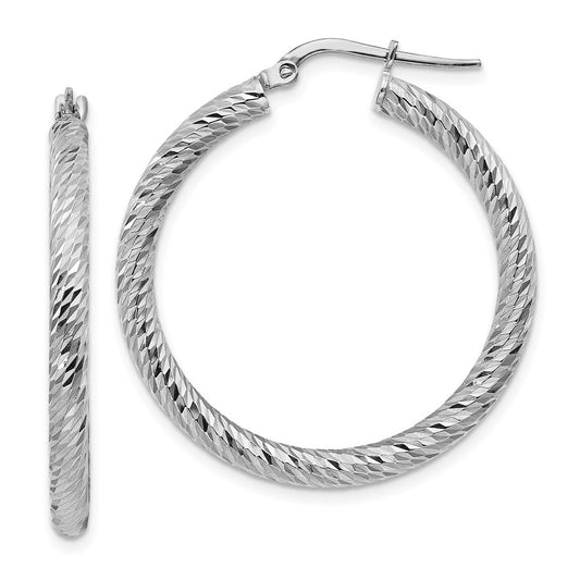 14k White Gold 3x25mm Diamond-cut Round Hoop Earrings