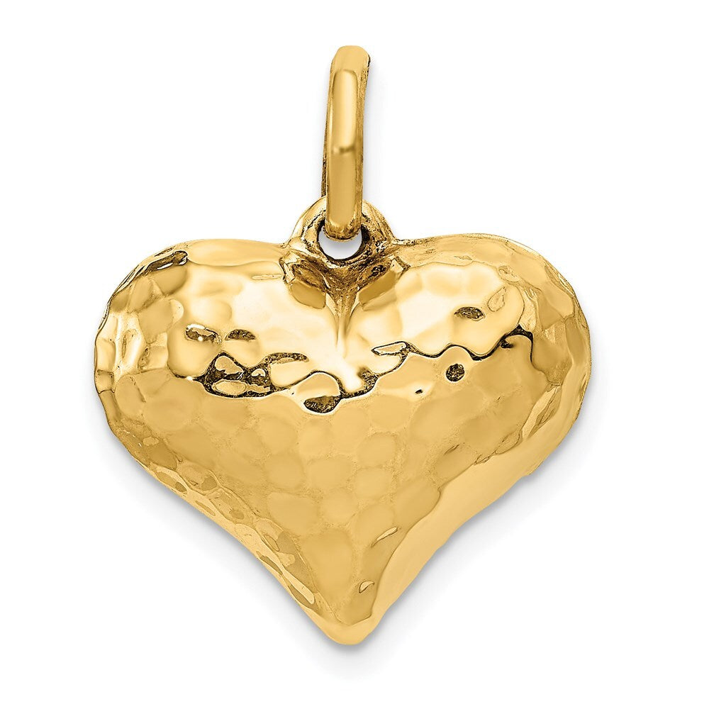 14k Yellow Gold Polished and Hammered 3-D Heart Pendant for Women
