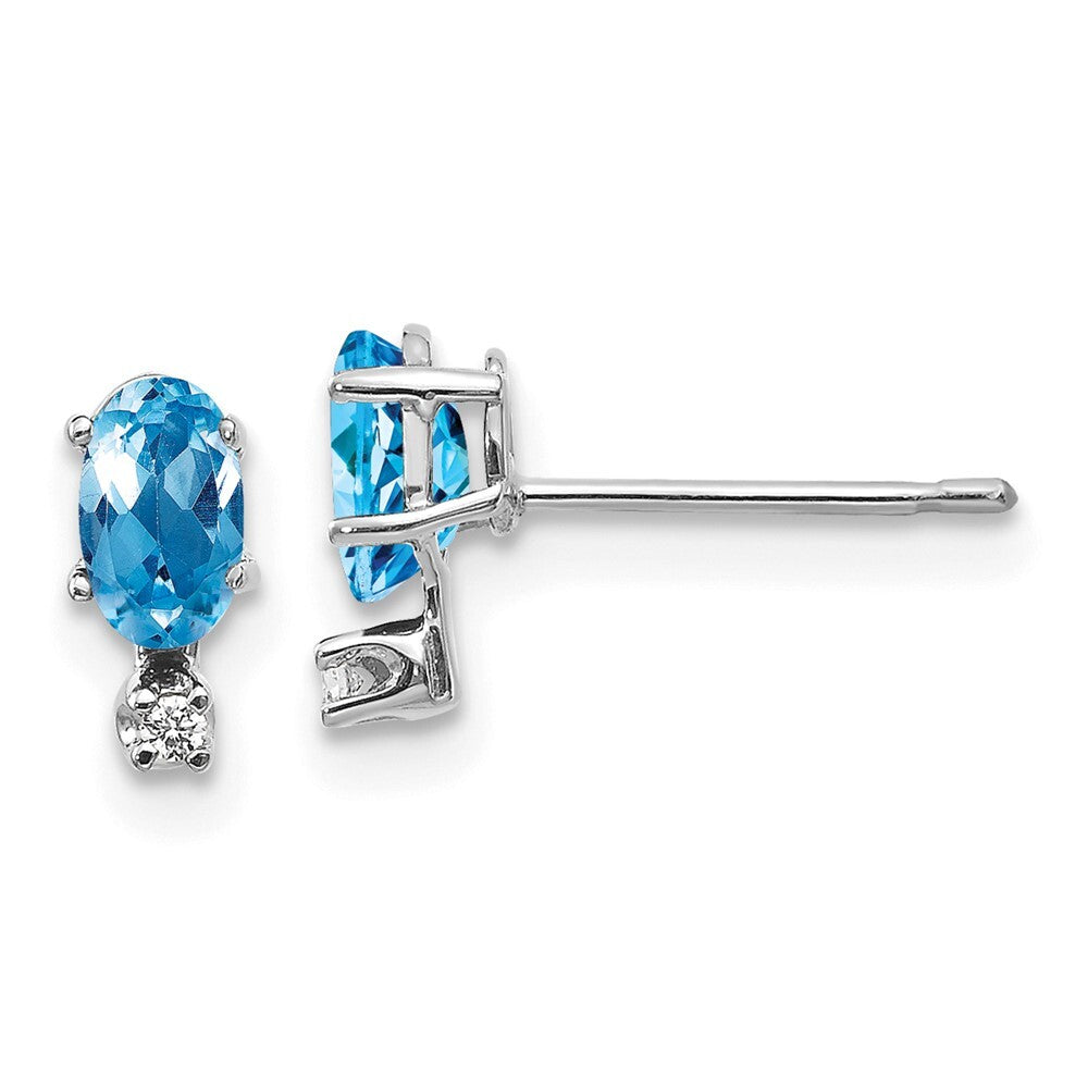 14K White Gold Diamond and Blue Topaz Birthstone Stud Earrings Gift for Women