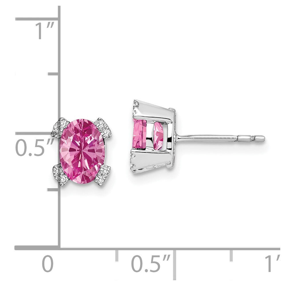 14k White Gold Oval Created Pink Sapphire and Diamond Stud Earrings
