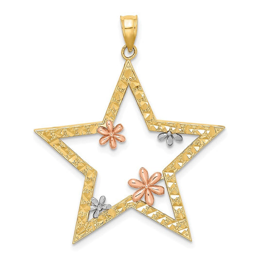 14k Two-tone Gold White Rhodium Star Flowers Charm Pendant